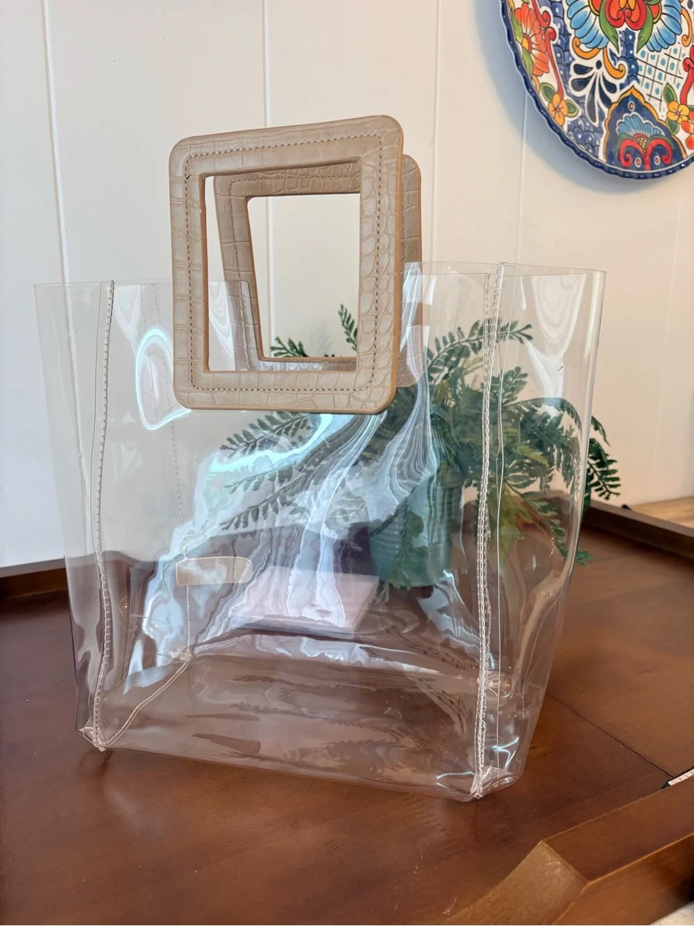 Clear PVC Tote with Tan Square Handles Modern & Easy to Style Structured Light